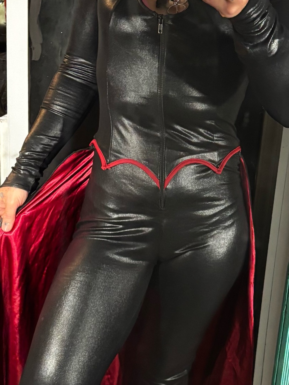 Black Faux Leather Jumpsuit with Red Trim vampires